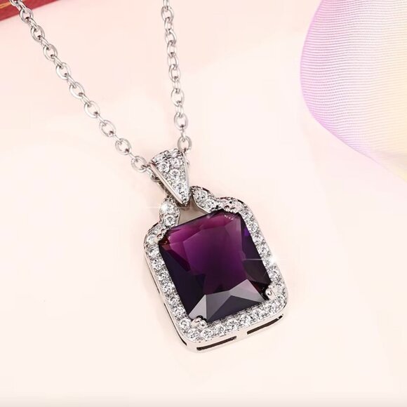 NEW 18k White Gold Purple Amethyst Diamond Pendant Necklace - Picture 3 of 5